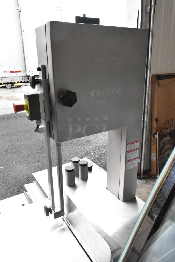 2025 Pro-Cut KS-120 Commercial Vertical Band Meat Saw, 120" blade, 220V, 3 Phase, shown with safety controls and sturdy base.