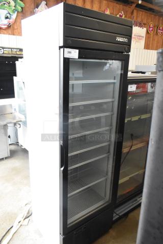 2019 Habco SE18 single door reach-in cooler merchandiser, five adjustable shelves, black frame, 115V, 1 Phase, commercial use.