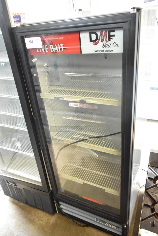 2017 True GDM-12-HC-LD single door merchandiser cooler, featuring glass door, shelves, and "Live Bait" branding. 115V, 1 Phase.