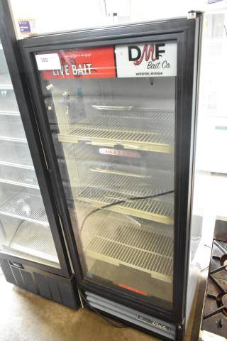 2017 True GDM-12-HC-LD single door merchandiser cooler, featuring glass door, shelves, and "Live Bait" branding. 115V, 1 Phase.