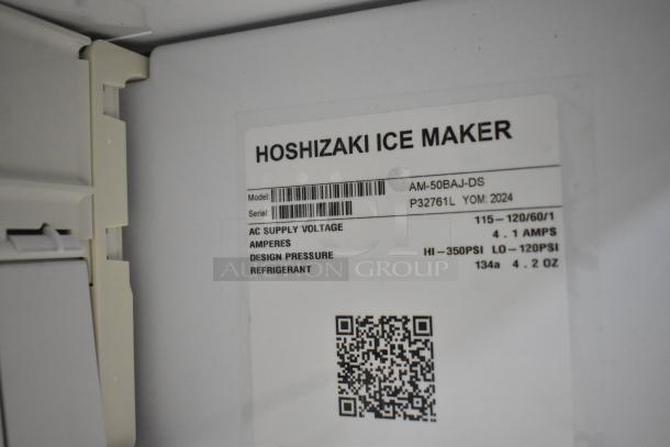 2024 Hoshizaki AM-50BAJ-DS Ice Maker label showing model, serial number, voltage, amperes, pressure, and refrigerant.