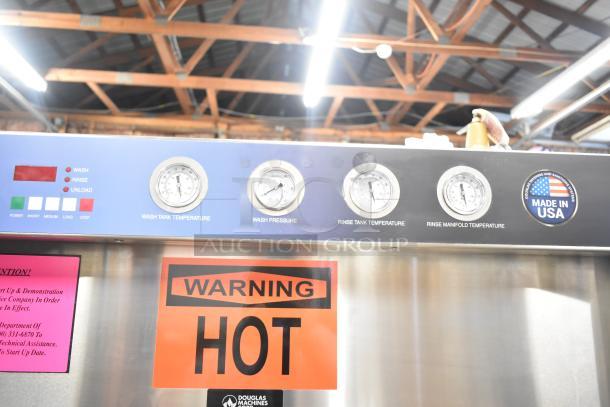 BRAND NEW 2025 Douglas SD-20-ELEL Commercial Pot and Pan Washer, 480V, 3 Phase, gauges and "Warning Hot" label visible.