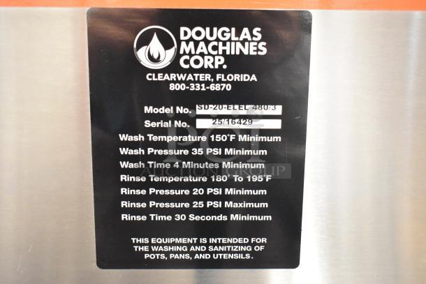 Douglas SD-20-ELEL commercial pot and pan washer label showing model, serial number, wash, and rinse specifications.