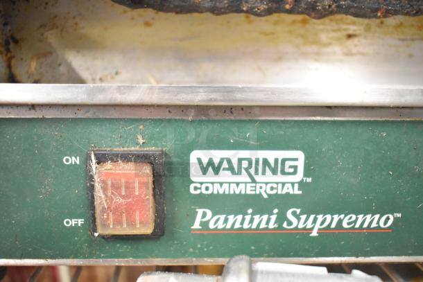 Waring WPG250 Panini Press, countertop model, 120V, 1 phase. Visible "Waring Commercial" and "Panini Supremo" branding.
