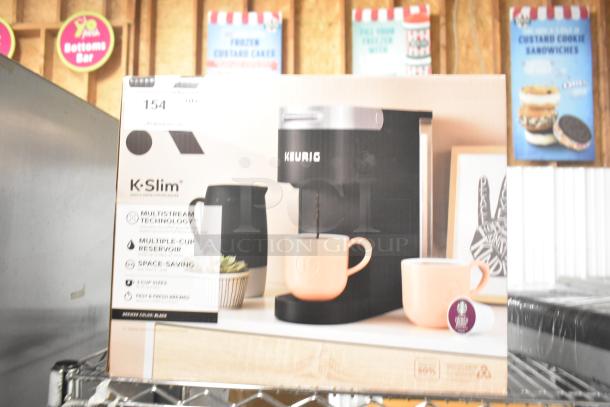 Keurig K Slim single cup coffee machine in original box. Features: 120V, space-saving, multistream technology.