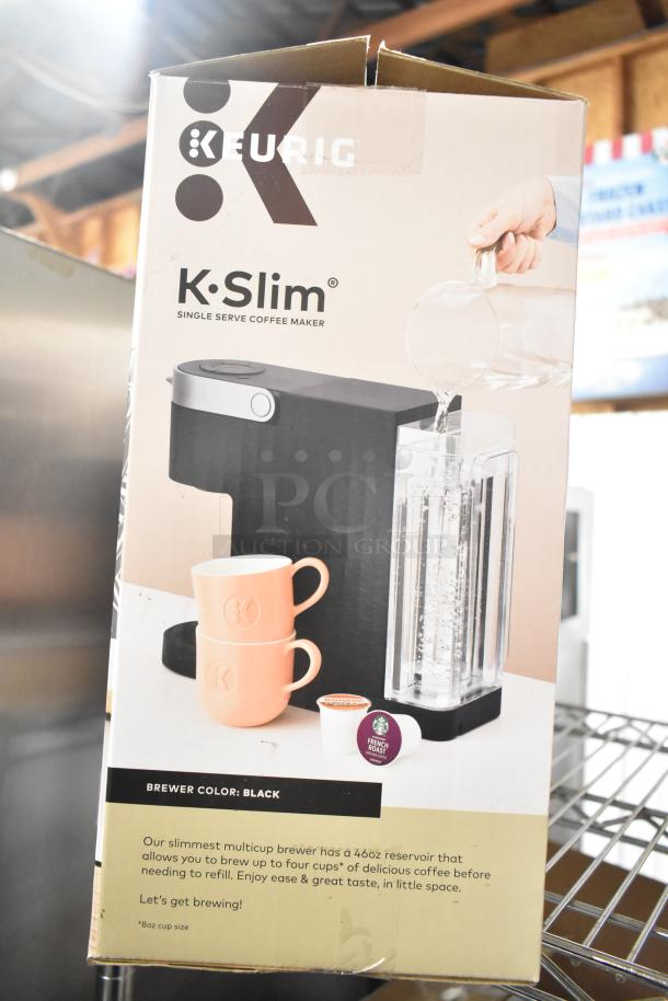 IN ORIGINAL BOX! Keurig K Slim Single Cup Coffee Machine, 120 Volts, 1 Phase, countertop design, black color.
