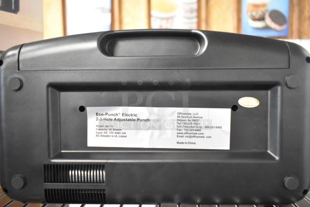 EcoPunch Electric 2-3-Hole Adjustable Punch, model 90115, 30-sheet capacity, made by Officemate, LLC. Made in China.
