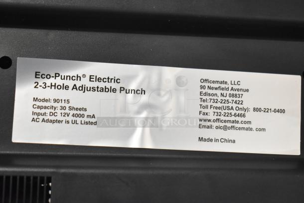 EcoPunch Electric 2-3-Hole Adjustable Punch, model 90115, capacity 30 sheets, input DC 12V 4000 mA, UL listed adapter.