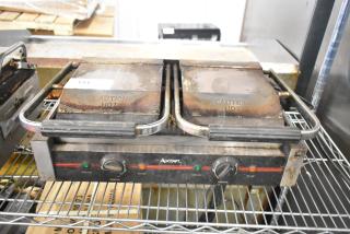 Adcraft SG-813 Countertop Double Panini Press, 120V, 1 Phase, used condition with "Caution Hot" markings visible.