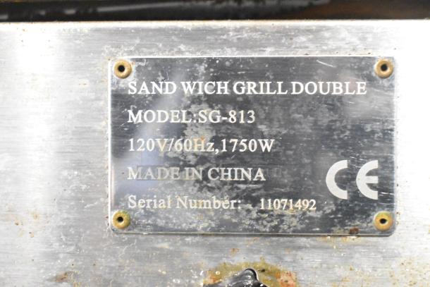 Adcraft SG-813 Countertop Double Panini Press, 120V, 1 Phase, stainless steel, model and serial number plate visible.