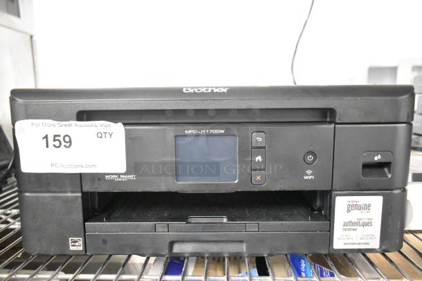 Brother MFC-J1170DW printer, copier, scanner. Black finish, touchscreen, WiFi-enabled. Auction tag visible, good condition.