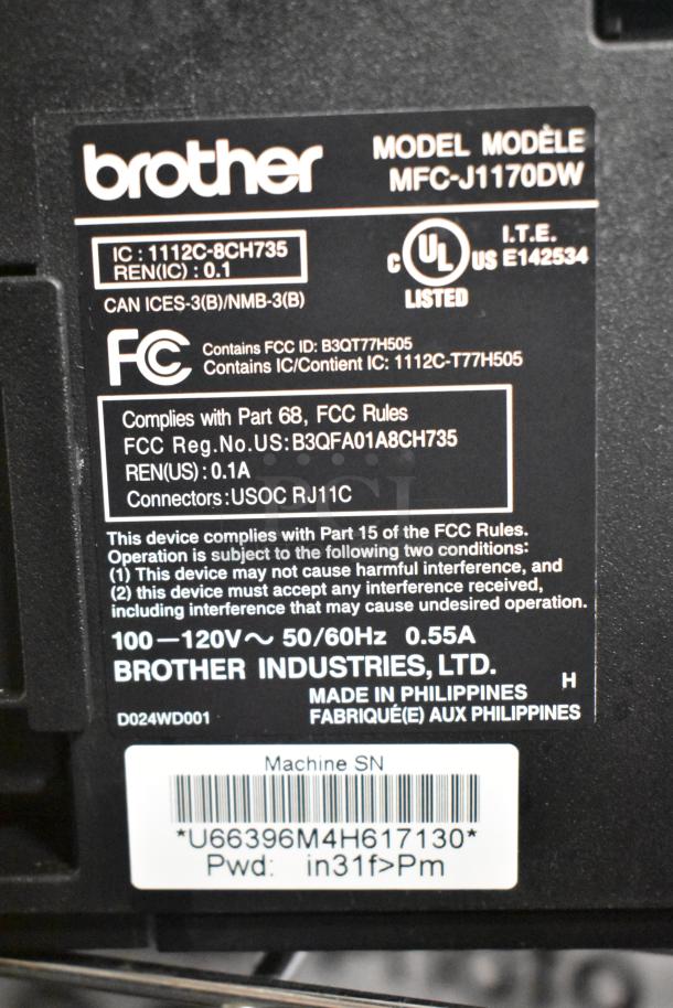 Brother MFC-J1170DW printer label showing model details, FCC compliance, input power, and serial number. Made in Philippines.
