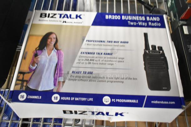 Biztalk BR200 Business Band Two-Way Radio box, features 16 channels, 18-hour battery life, extended talk range, pre-programmed.