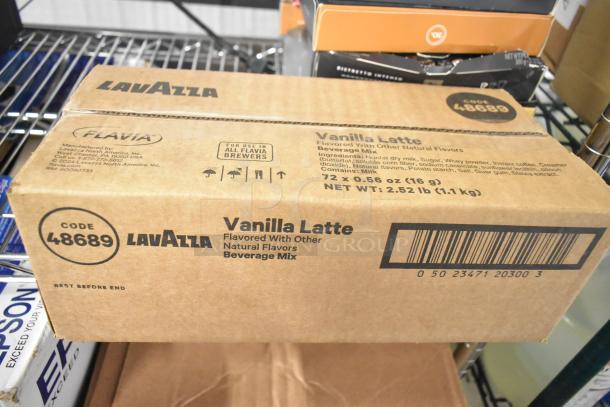Box of LavAzza Vanilla Latte Beverage Mix, 72 packs, 2.52 lb, compatible with Flavia brewers, code 48689.