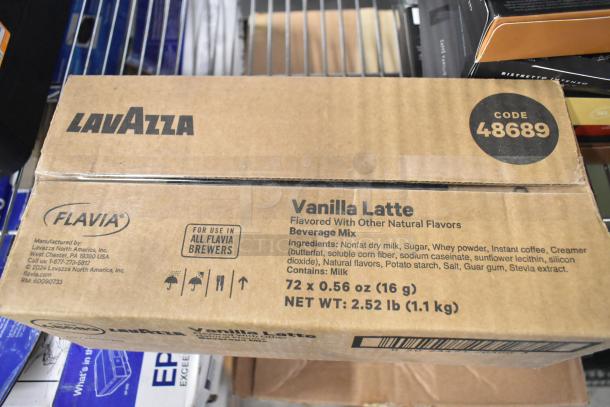 Box of LavAzza Vanilla Latte Beverage Mix, 72 packs, compatible with Flavia brewers, weight 2.52 lb (1.1 kg), Code 48689.