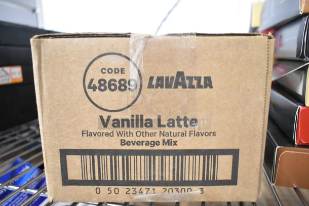 Box of LavAzza Vanilla Latte Beverage Mix with code 48689, featuring natural flavors.