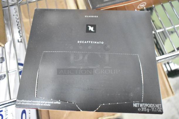 Box of Nespresso Classics Decaffeinato, 11.1 oz, decaffeinated roasted coffee. Black packaging with white text.