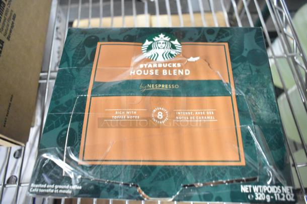Box of Starbucks House Blend by Nespresso with rich toffee notes, intensity 8, 320g. Packaging slightly damaged.