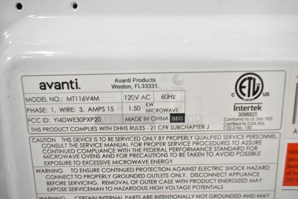 Avanti MT116V4M countertop microwave oven label showing model, voltage, phase, FCC ID, and safety warnings.