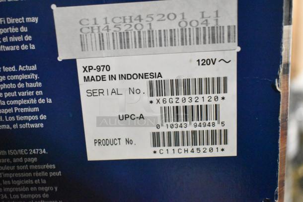 Epson Expression Photo XP-970 box label showing model, made in Indonesia, serial number X6GZ032120, and product number C11CH45201.