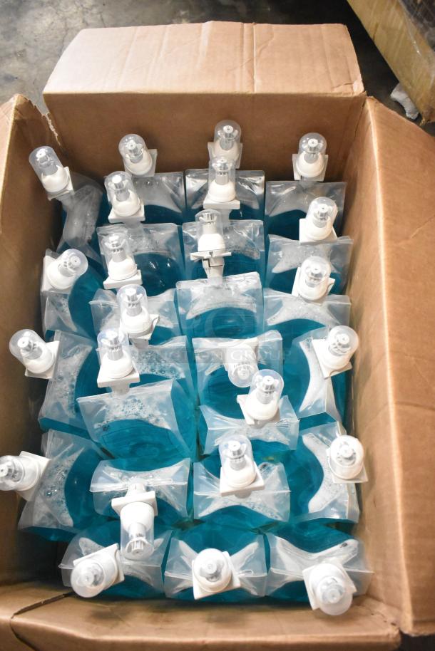 Box of Rubbermaid enriched foam lotion soap bags, new condition, blue soap, dispenser tops visible.