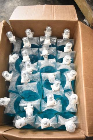 Box of Rubbermaid enriched foam lotion soap bags, new condition, blue soap, dispenser tops visible.