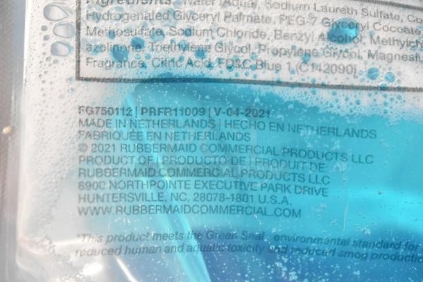 Box of Rubbermaid Enriched Foam Lotion Soap Bags, made in Netherlands, 2021, commercial use, labeled with product and company info.