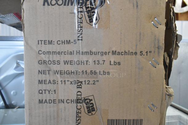 KoolMore CHM-5 Hamburger Patty Press box, labeled as 5.1" commercial machine, 13.7 lbs gross weight, 11.55 lbs net, made in China.