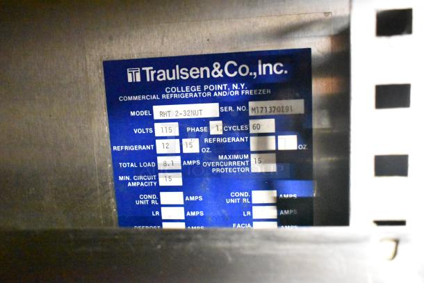 Traulsen RHT 2-32NUT label, 115V, 1 phase, refrigerant 12, College Point, NY, commercial cooler specs.