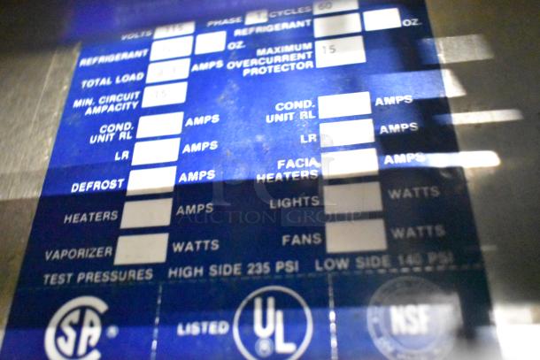Traulsen RHT 2-32NUT cooler label showing voltage, phase, refrigerant, and certification marks.