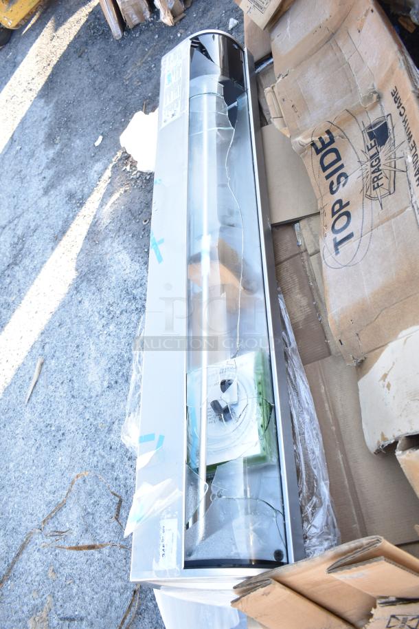 Brand new Hoshizaki HNC-210BA-R-SLH sushi display case, 83", right side compressor, cracked curved glass visible.