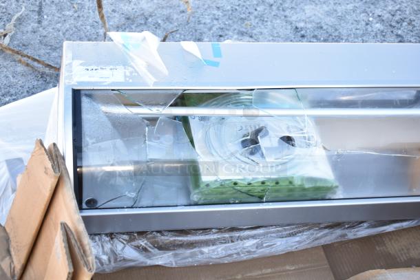 BRAND NEW Hoshizaki HNC-210BA-R-SLH sushi display case, 83", broken curved glass, right-side compressor visible.