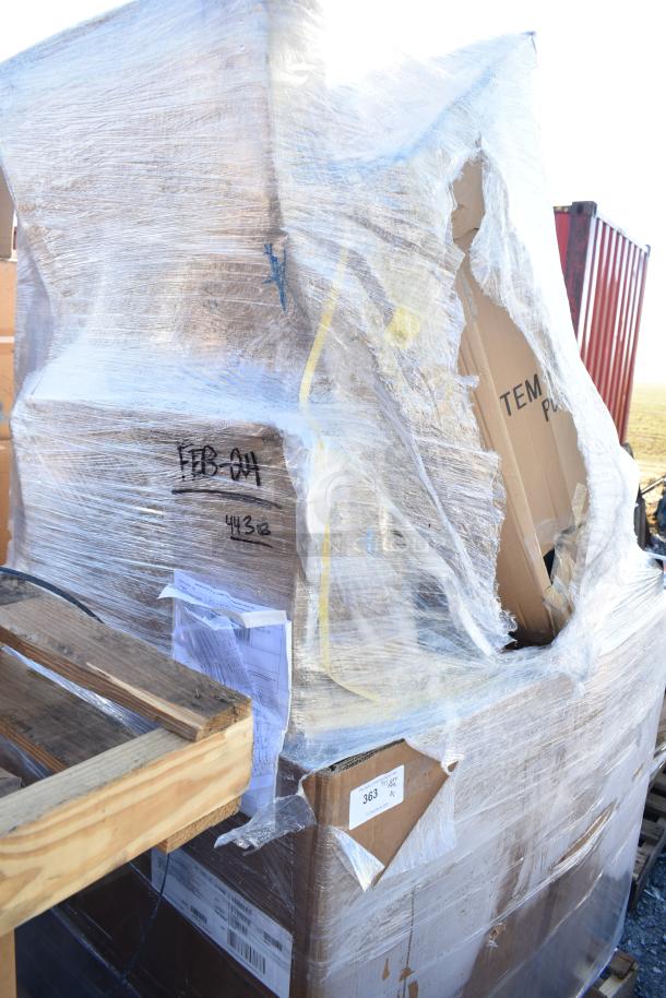 Pallet with 12 scratch and dent items including shelf, platform truck, ingredient bins. Wrapped in plastic with visible labels.