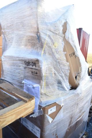 Pallet with 12 scratch and dent items including shelf, platform truck, ingredient bins. Wrapped in plastic with visible labels.