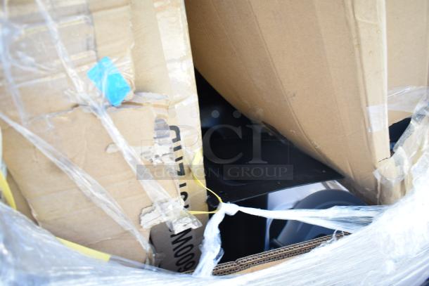 12 brand new scratch and dent items packed together, including shelf, platform truck, and ingredient bins. Boxes are damaged.