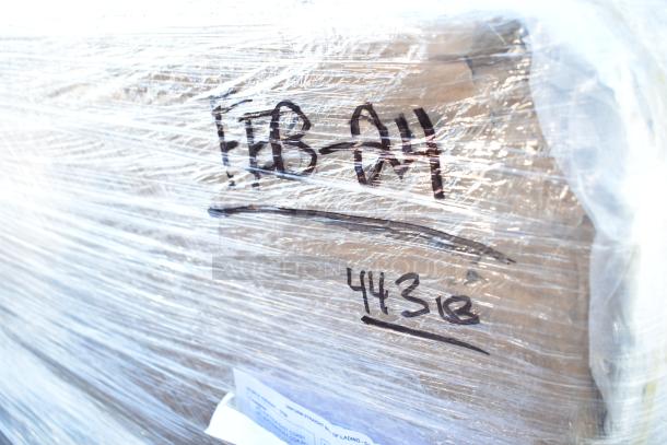 Pallet wrapped in plastic labeled “FEB-24” and “44318” containing 12 new scratch and dent items, including shelves and bins.