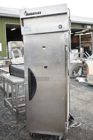 Victory VR-1 Commercial Single Door Reach-In Cooler, 115 volts, 1 phase; features Victory branding and exterior wear.