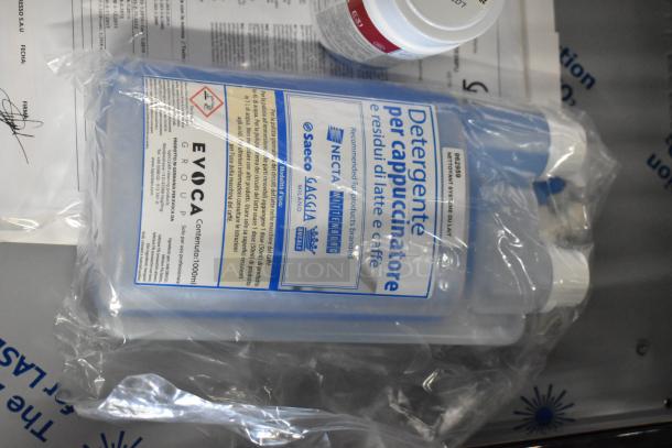 Detergent for cappuccino and coffee machine, brand Evoca, in clear packaging. Includes usage instructions and capacity details.