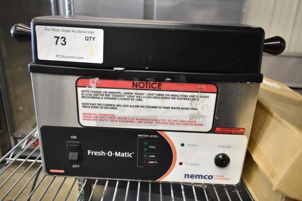 Brand new 2023 Nemco 6625B Fresh-O-Matic countertop rethermalizer and steamer. 120V, 1 Phase, with visible scratch and label.