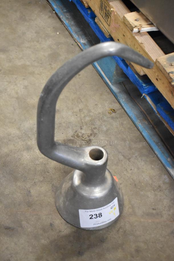 Four dough hook attachments for Hobart mixer, metallic finish, minimal wear, with auction label indicating item number 238.
