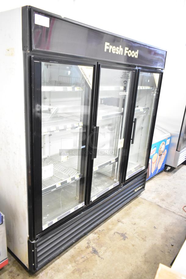 True GDM-72 commercial 3-door reach-in cooler merchandiser, 115 volts, 1 phase, tested working, branded "Fresh Food".