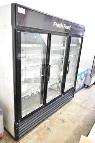 True GDM-72 commercial 3-door reach-in cooler merchandiser, 115 volts, 1 phase, tested working, branded "Fresh Food".