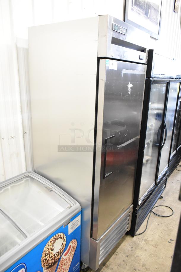 2019 True T-23F-HC commercial freezer, single door, on casters. Tested, working, 115V, 1 phase. Silver finish, good condition.