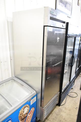 2019 True T-23F-HC commercial freezer, single door, on casters. Tested, working, 115V, 1 phase. Silver finish, good condition.