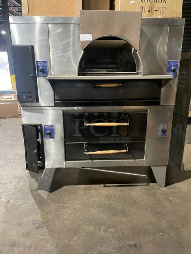 Bakers Pride double stacked stainless steel pizza oven, model FC-516/D125, natural gas, on legs, used condition.