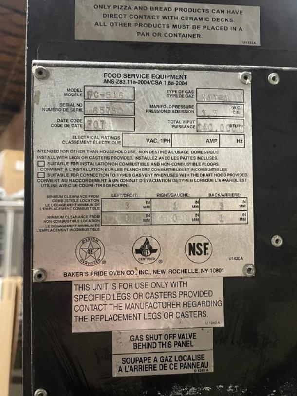 Bakers Pride FC-516/D125 double stacked pizza/deck oven, stainless steel, natural gas, 1-phase, legs included, SN: 65750/65975.