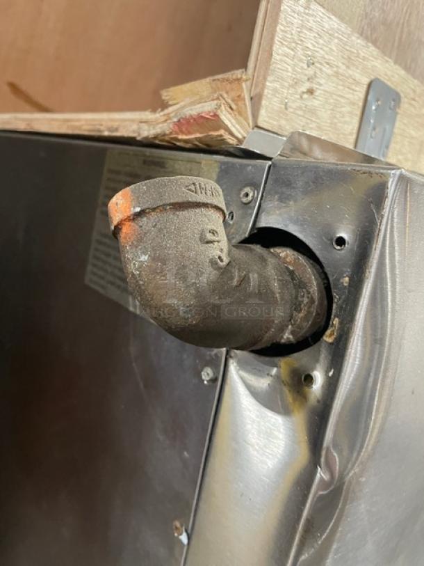 Bakers Pride commercial stainless steel natural gas double stacked pizza oven, model FC516/D125, in used condition.