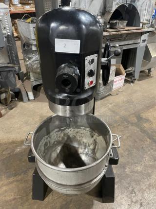 Hobart L800 commercial 80 qt planetary mixer with mixing bowl, black, electric 208V 3 phase, on legs, Model L-800 SN: 11-136-496.