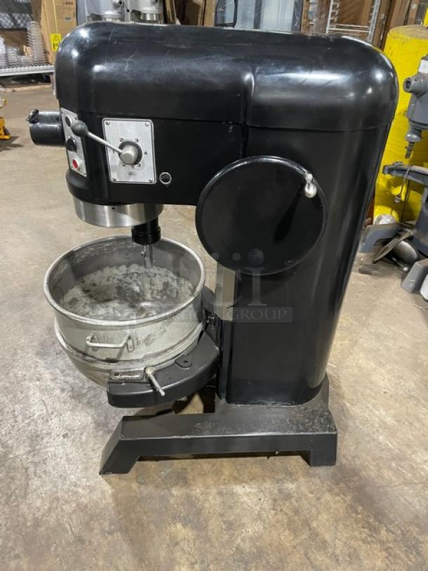 Hobart L800 black commercial 80 qt. planetary mixer with mixing bowl, 208V, 3-phase power. Floor model on sturdy legs.