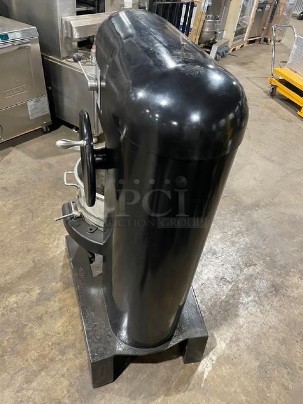 Hobart L-800 black electric floor model planetary mixer, 80 qt capacity, includes mixing bowl, used condition, 208V 3 phase.